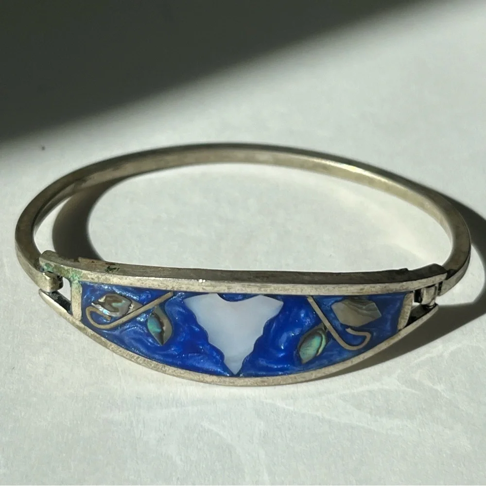 Vintage Alpaca Mexico Silver Abalone Inlay Hinge Bangle Bracelet - Picture 1 of 9